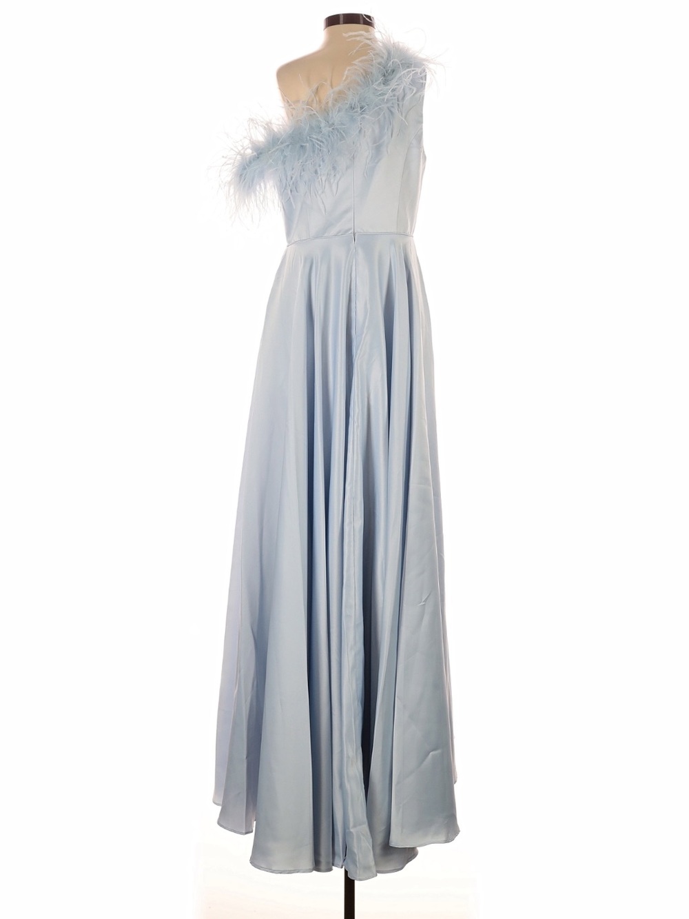 Mac Duggal Light Blue One-Shoulder Feather Trim Maxi Dress